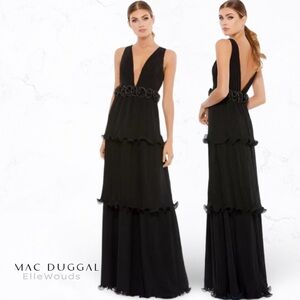 Mac Duggal Rosette Ruffle Layered Roseette Maxi Dress, 49281, Size 2